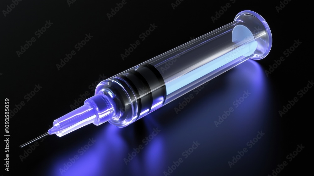 A clear plastic syringe with a blue tip A clear plastic syringe with a blue tip