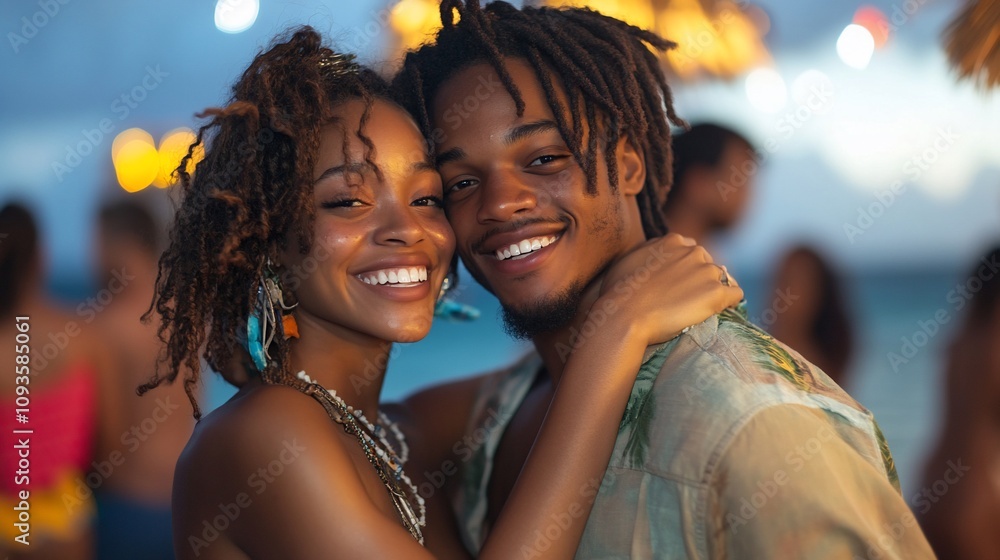 Happy couple embracing at beach party. Happy couple embracing at beach party.