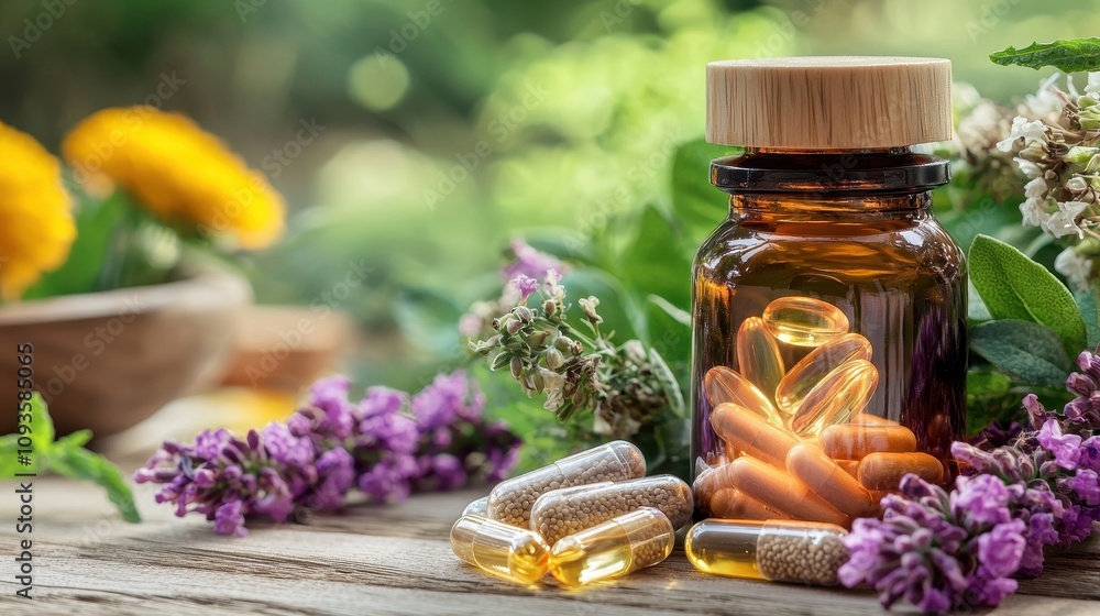 Aesthetic Arrangement of Herbal Supplements in a Jar Surrounded by Vibrant Flowers and Greenery to Enhance Wellness and Natural Healing Aesthetic Arrangement of Herbal Supplements in a Jar Surrounded by Vibrant Flowers and Greenery to Enhance Wellness and Natural Healing