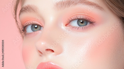 A woman with a pink background and a pink lip color