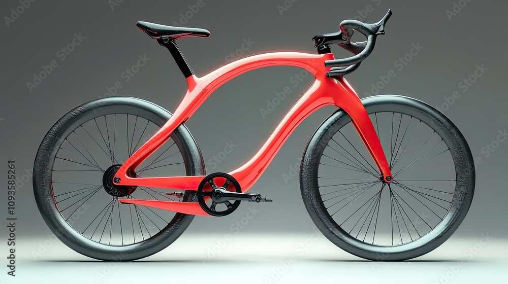 Fototapeta premium Sleek red bicycle with curved frame, black wheels and components.