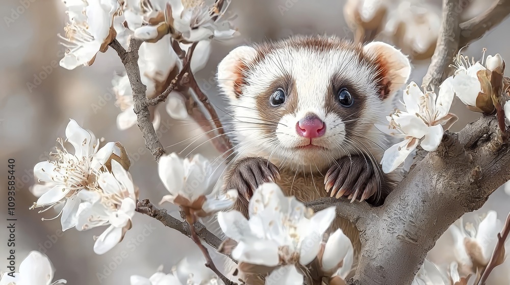 A ferret sitting in a tree with white flowers A ferret sitting in a tree with white flowers