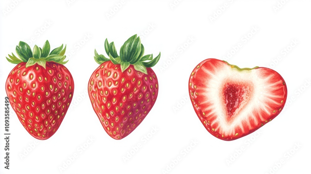 Three strawberries, two whole and one cut in half, showcasing their vibrant colors and texture. Three strawberries, two whole and one cut in half, showcasing their vibrant colors and texture.