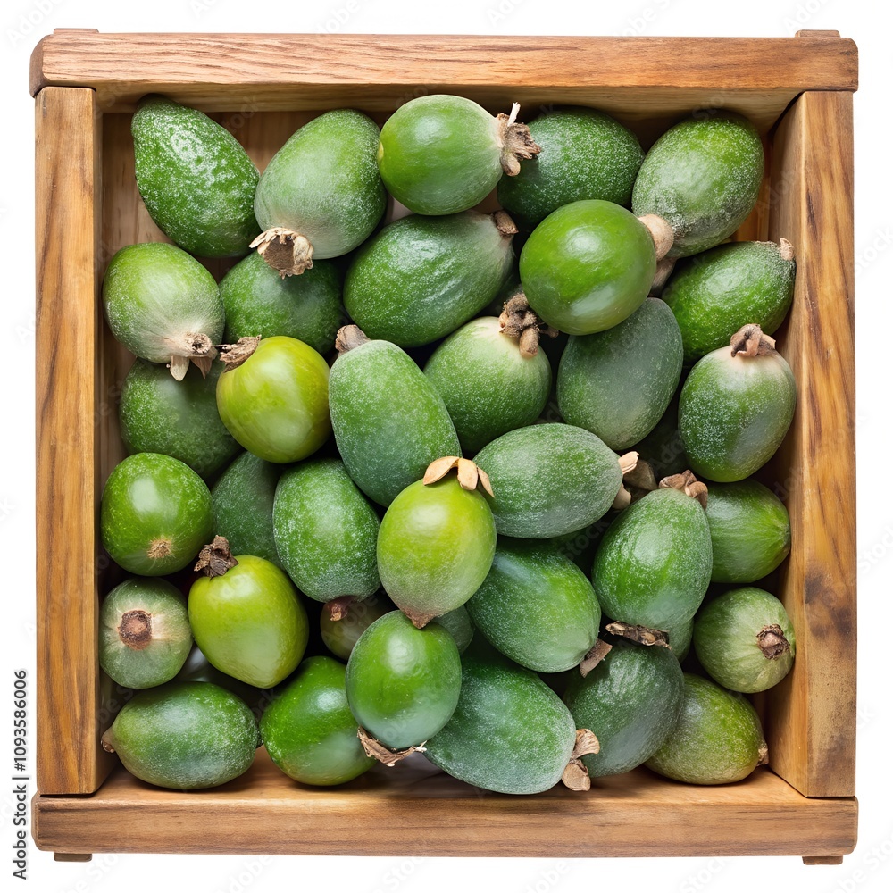fresh tropic fruits feihoa in wooden box on white background isolated fresh tropic fruits feihoa in wooden box on white background isolated