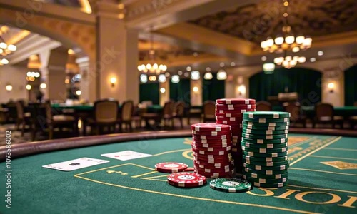 Stacks of poker chips on a gaming table in an elegant casino environment