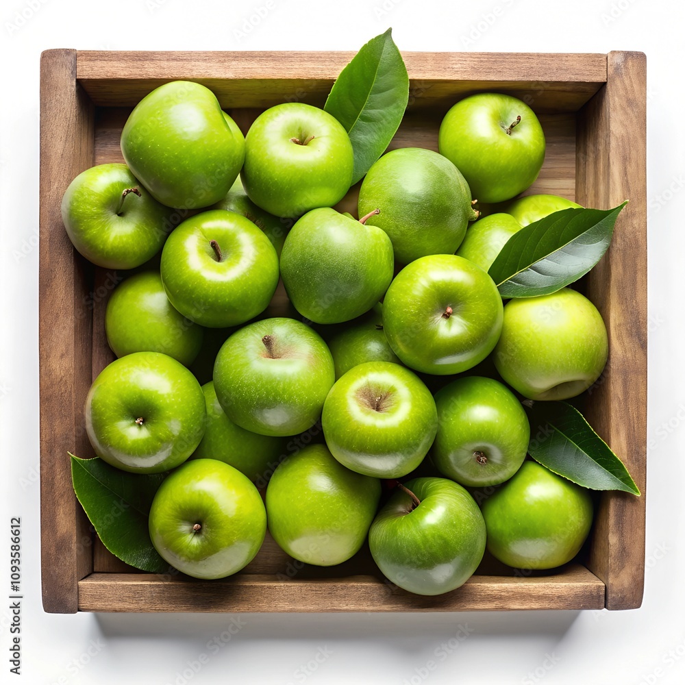 fresh green apples in wooden box on white background isolated fresh green apples in wooden box on white background isolated