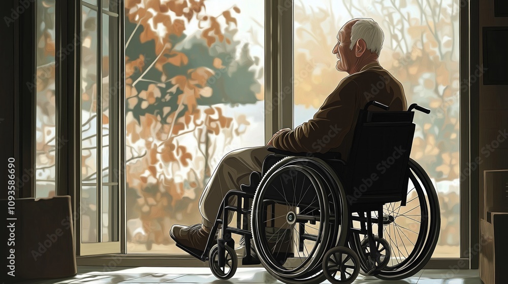 Elderly man sits in wheelchair looking out sunlit window. Gentleman enjoys tranquil view. Relaxed moment of peace. Calm scene inside home. Peaceful autumn day. Tranquil view from indoors. Elderly man sits in wheelchair looking out sunlit window. Gentleman enjoys tranquil view. Relaxed moment of peace. Calm scene inside home. Peaceful autumn day. Tranquil view from indoors.