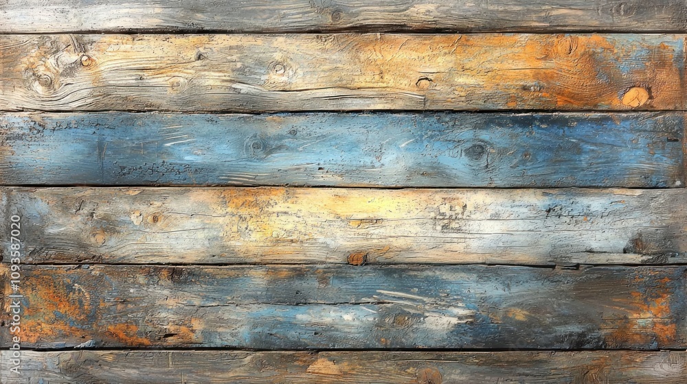 Rustic weathered wooden plank background with a mix of brown, grey, blue, and yellow colors. Rustic weathered wooden plank background with a mix of brown, grey, blue, and yellow colors.