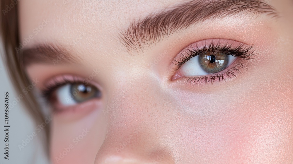 Fototapeta premium A woman with brown hair and green eyes is wearing makeup