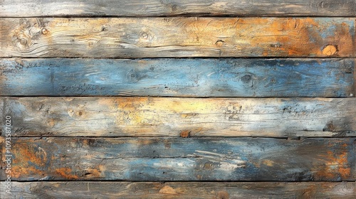 Rustic weathered wooden plank background with a mix of brown, grey, blue, and yellow colors.