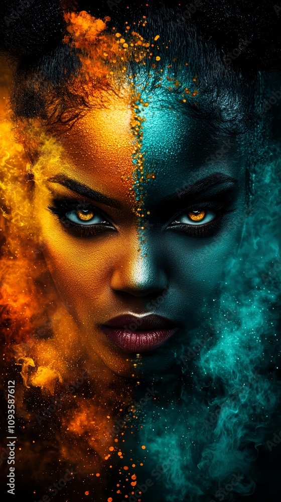 A woman with blue and orange paint on her face A woman with blue and orange paint on her face