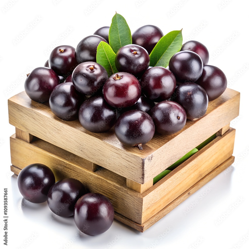 fresh jabuticaba in wooden box on white background isolated