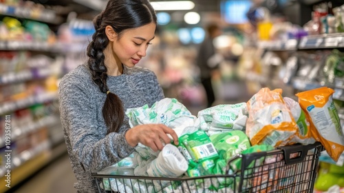 A woman shopping in a grocery store, examining items in her cart. photo