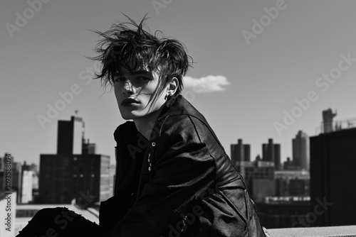 Man with trendy wolf cut poses on rooftop. Stylish monochrome outfit. City skyline background. Urban fashion editorial. Fashion photoshoot. Modern mullet, shag haircut. Black leather jacket. Cool,