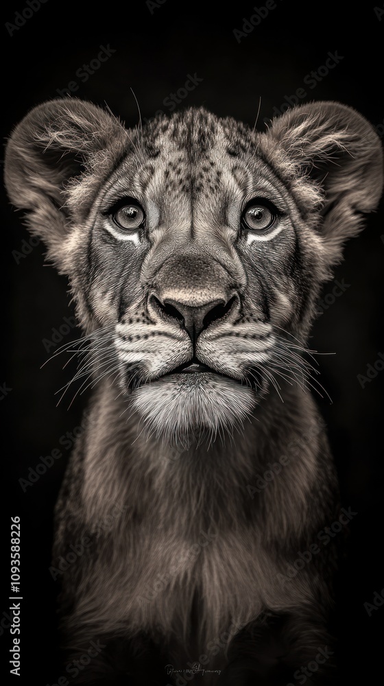A close-up portrait of a lion cub with expressive eyes against a dark background. A close-up portrait of a lion cub with expressive eyes against a dark background.