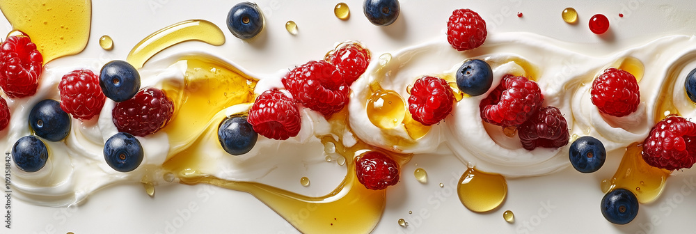 Creamy yogurt with raspberries, blackberries, and honey, creatively arranged on a white background banner. Creamy yogurt with raspberries, blackberries, and honey, creatively arranged on a white background banner.