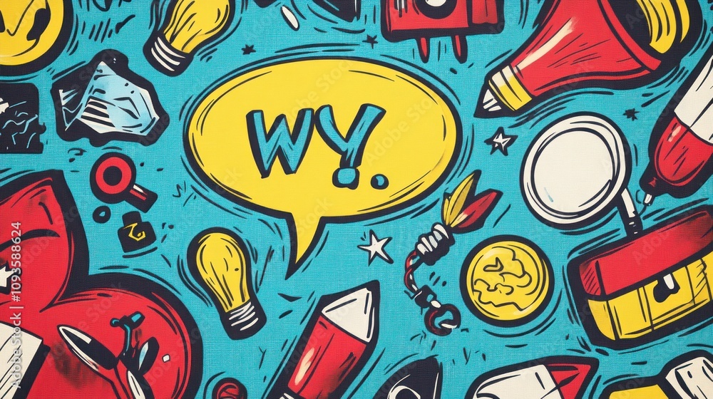 Colorful doodle background with the letters W.Y. in a speech bubble. Colorful doodle background with the letters W.Y. in a speech bubble.