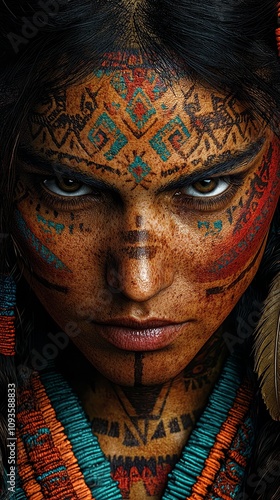 A woman with tribal face paint and feathers on her face