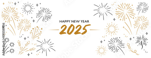 2025 Happy New Year. Golden and black fireworks on white background. Holiday banner template.