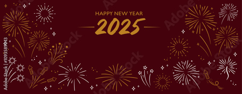 2025 Happy New Year. Golden and white fireworks on dark red background. Holiday banner template.