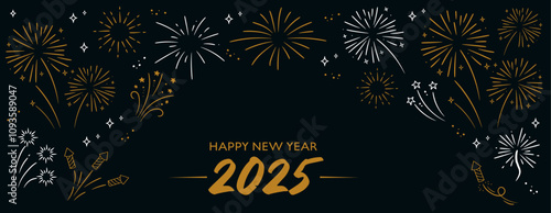 2025 Happy New Year. Golden and white fireworks on dark background. Holiday banner template.
