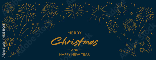 Merry Christmas and Happy New Year. Golden fireworks on a dark blue background. Holiday banner template. 