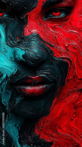 a close up of a person with red and blue paint on their face