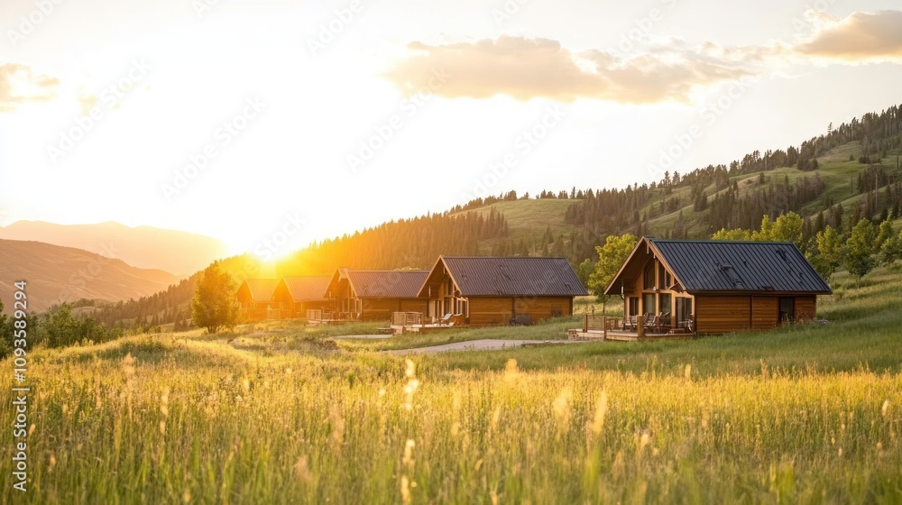 Scenic sunset view of wooden cabins in a lush green landscape. Scenic sunset view of wooden cabins in a lush green landscape.