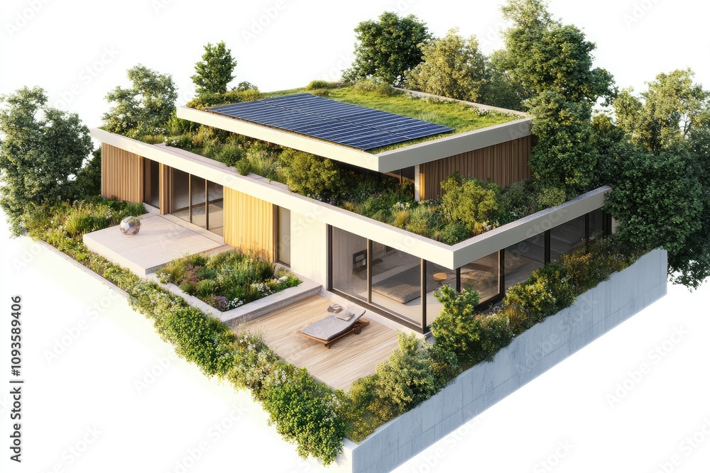 Fototapeta premium Sustainable Modern House with Solar Panels in Natural Surroundings