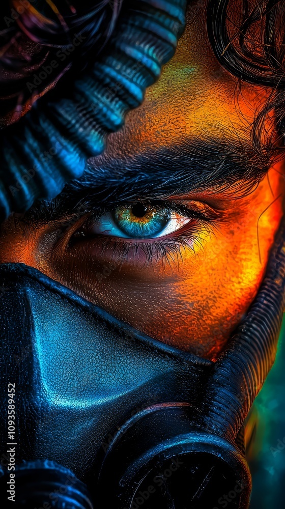 A man wearing a gas mask with blue eyes A man wearing a gas mask with blue eyes