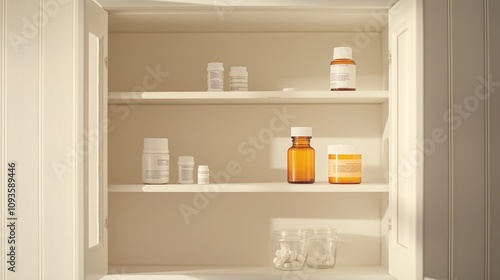 Empty medicine cabinet shelves reveal a life free from dependency, symbolizing health and self-reliance. Emptiness as a sign of wellness and proactive lifestyle choices.
