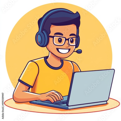 A friendly cartoon guy, wearing headphones and using a laptop and microphone, provides customer service.