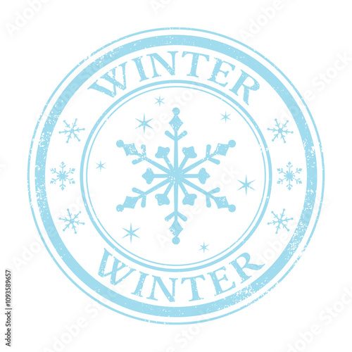 A grunge circle stamp with a snowflake and winter text
