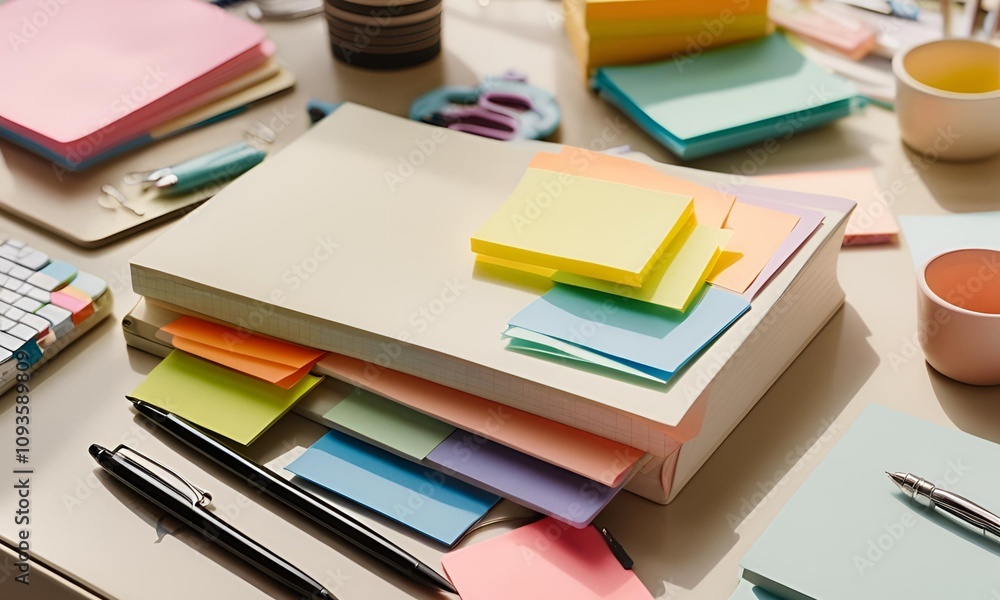 Stationery Essentials with simple black pens, paper clips, and sticky notes Stationery Essentials with simple black pens, paper clips, and sticky notes