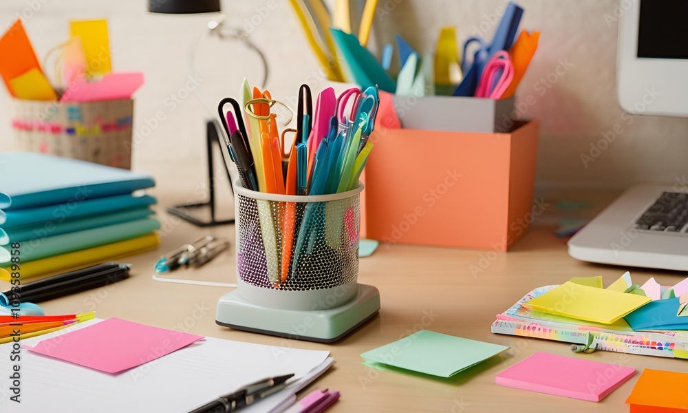 Fototapeta premium Stationery Essentials with simple black pens, paper clips, and sticky notes