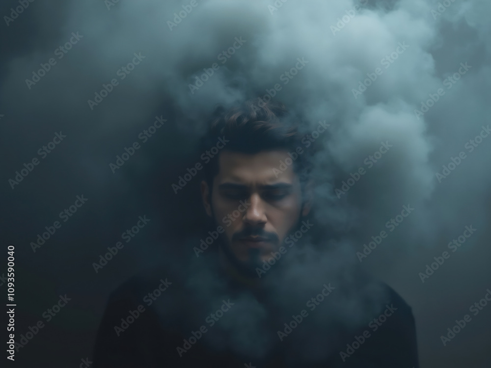 Young man surrounded by mysterious blue smoke with eyes closed Young man surrounded by mysterious blue smoke with eyes closed