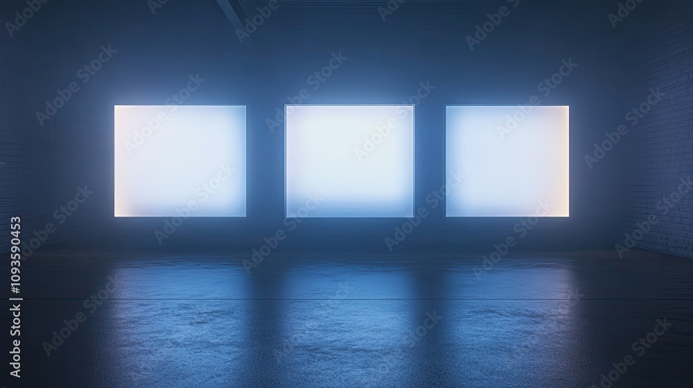 Three Illuminated Panels in a Dark Room
