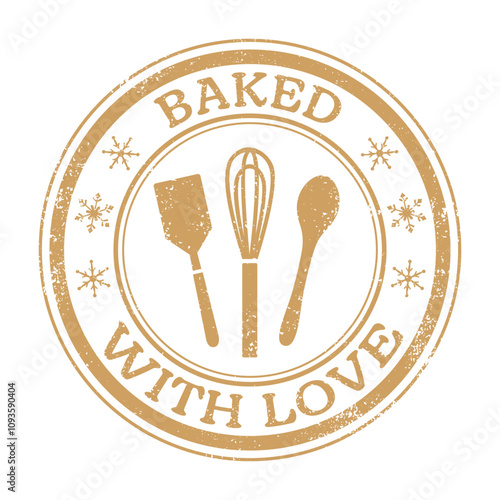 A grunge circle stamp with a baking utensils and baked with love text
