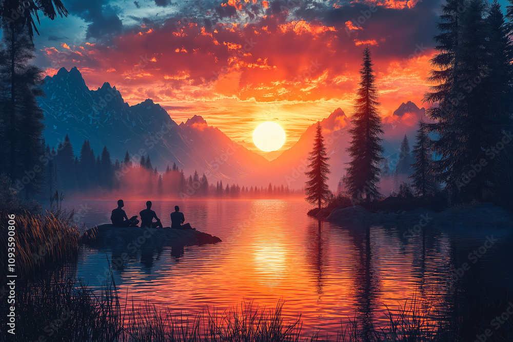 Fototapeta premium Group of Friends Camping in the Mountains