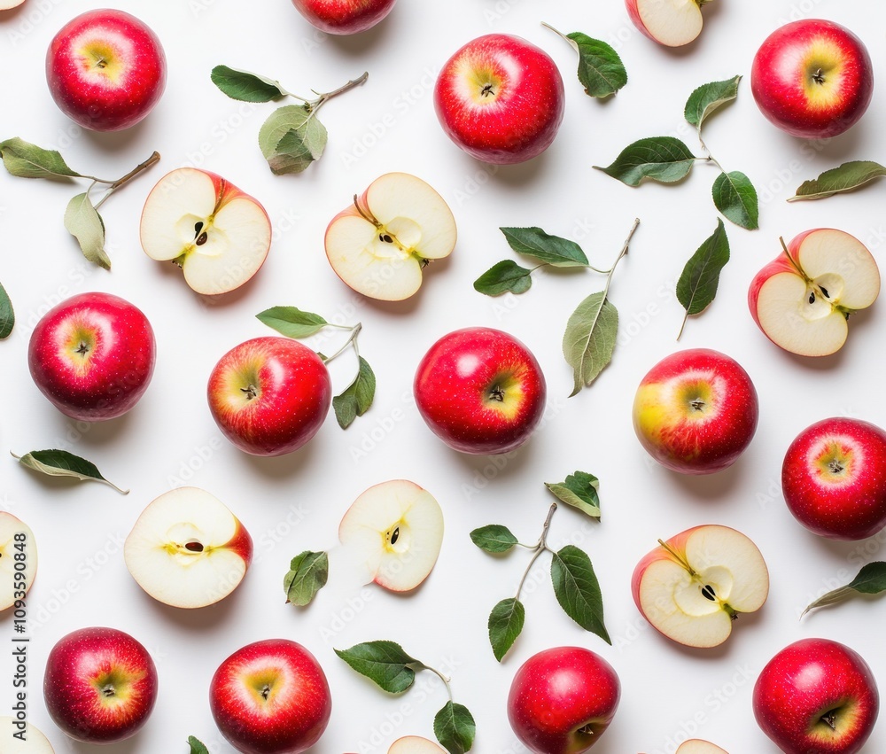 A flat lay of red apples and green leaves on a white background. A flat lay of red apples and green leaves on a white background.