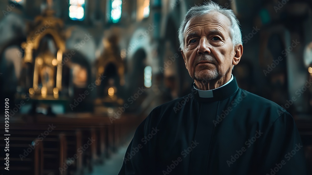Senior priest in traditional black cassock standing in gothic cathedral interior. Religious portrait with church altar and pews in atmospheric lighting. Faith and devotion concept Senior priest in traditional black cassock standing in gothic cathedral interior. Religious portrait with church altar and pews in atmospheric lighting. Faith and devotion concept