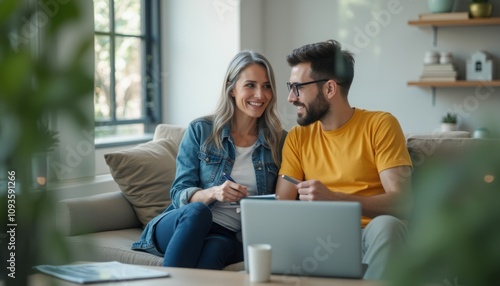 A cheerful couple sits closely on a cozy couch, their smiles radiating warmth and connection as they engage in a light-hearted conversation. Surrounded by a bright, inviting living space, their