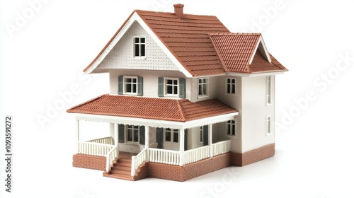 Detailed Model of a Two-Story House with Red Roof, Balcony, and Porch, Showcasing Classic Architectural Features and Modern Design Elements for Real Estate Use