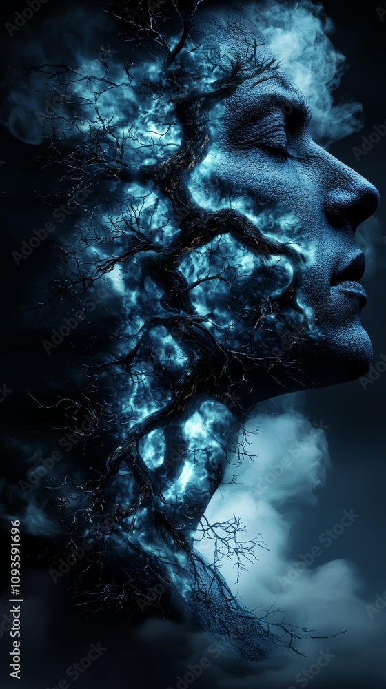 A man's face with a tree growing out of it A man's face with a tree growing out of it