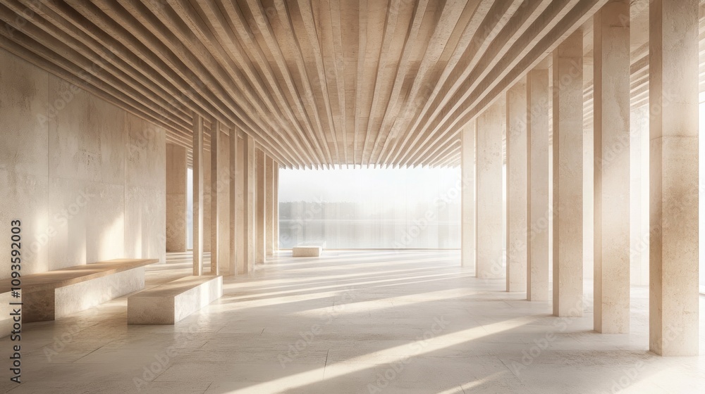 A serene, minimalist interior space with natural light and structural elements. A serene, minimalist interior space with natural light and structural elements.