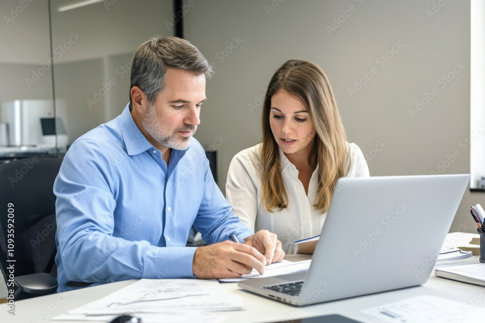 Two busy professional executive team business people working together on business finances analysis looking at computer at office meeting. Professional manager consulting corporate client using laptop Two busy professional executive team business people working together on business finances analysis looking at computer at office meeting. Professional manager consulting corporate client using laptop