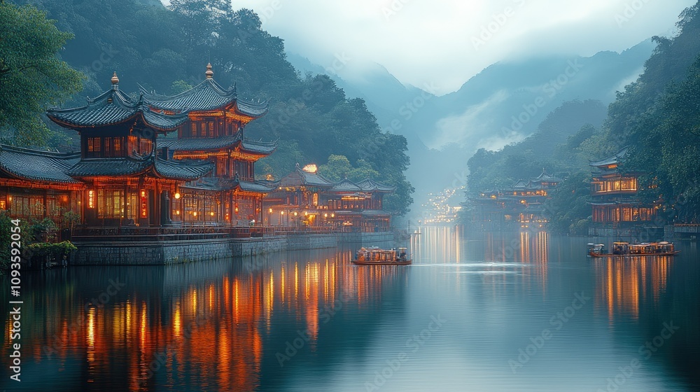 Serene river landscape with traditional architecture and misty mountains at dusk. Serene river landscape with traditional architecture and misty mountains at dusk.