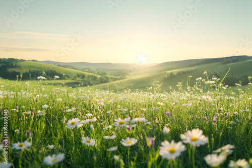 Morning light bathes a vibrant meadow filled with wildflowers and lush greenery as the sun rises