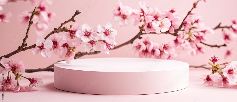 Pink floral display with empty podium. Pink floral display with empty podium.