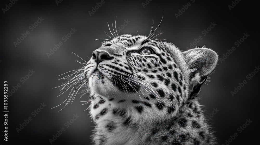 A close-up of a leopard's face in black and white, gazing upward with intense expression. A close-up of a leopard's face in black and white, gazing upward with intense expression.